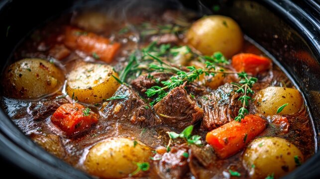 A close-up shot of a slow-cooked stew, showcasing tender beef, carrots, potatoes, and herbs simmering in a rich, savory broth