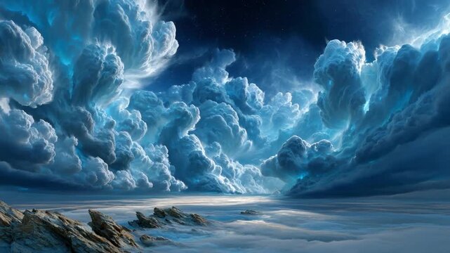 Skyward Symphony: The image depicts an awe-inspiring vista of swirling, luminous clouds dominating the sky, creating a dramatic and ethereal ambiance.