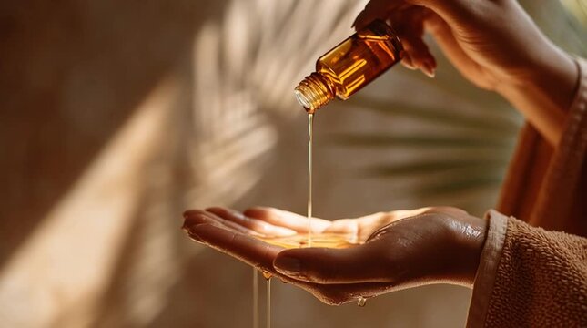 Close-up of a female hand gently pouring amber-colored oil into the palm, sunlight reflections on liquid, wooden bathroom background, warm Moroccan amber tones, luxury natural skincare video aesthetic