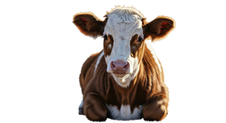 Young brown and white calf lying down isolated on a white background.
