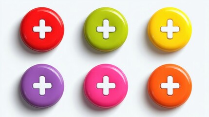 Obraz premium Six colorful buttons aligned horizontally on white background,