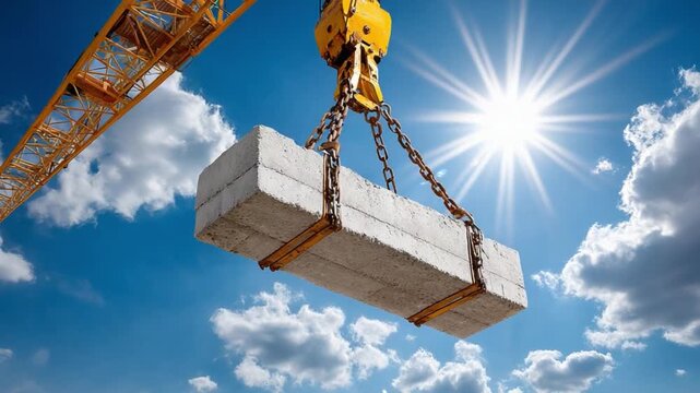 Lifting Construction Block: An industrial crane lifts a concrete block towards the sun, representing construction and industry. This photo conveys strength, progress, and ambition.
