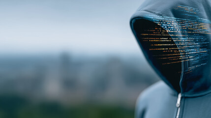 An enigmatic figure shrouded in a hooded sweatshirt, their face obscured, with digital code overlayed.