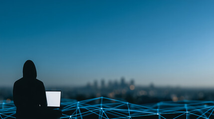 A shadowy figure, concealed in a hoodie, sits before a laptop, working in the modern digital age, with a cityscape providing the backdrop.