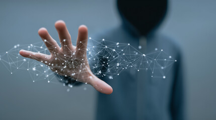 An anonymous figure, cloaked in a hooded jacket, reaches out towards a digital network, with a sense of intrigue, and exploration, which could represent cybersecurity, digital connectivity.