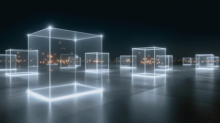 Abstract geometric cubes bathed in an ethereal, glowing light. the translucent forms of cubes against a dark backdrop create a sense of mystery.