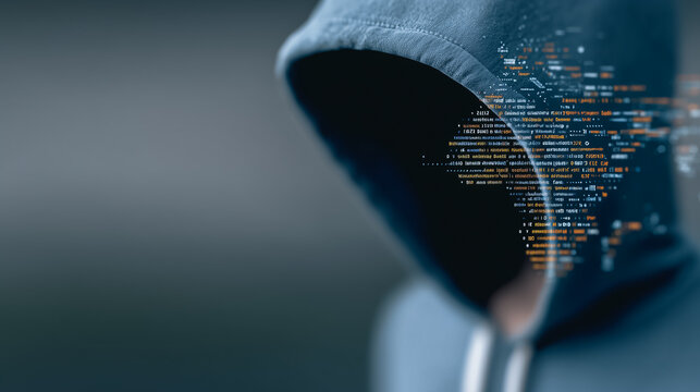 A shadowy figure shrouded in a hooded sweatshirt, the face obscured, represents an online threat with a blurred graphic overlay of digital code and data streams. - Powered by Adobe