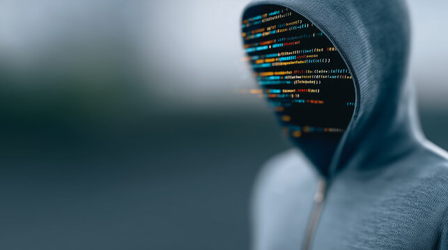 A hooded figure with a digital face embodying the essence of modern cybersecurity threats and online anonymity. the person merges with code. - Powered by Adobe