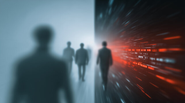 Abstract Business Concept: The image presents silhouettes of individuals navigating a transitional space between two distinct environments: a bright, ethereal realm and a high-tech data stream.