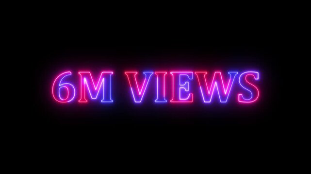 neon glowing blue 6m one million text number animation, social media views counter -6m views 6M views text animation, 6m number 4k video animation 5M text animation on black background.