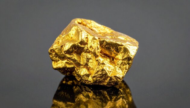 Irregular gold nugget with metallic luster and rough texture on neutral background, natural and valuable.