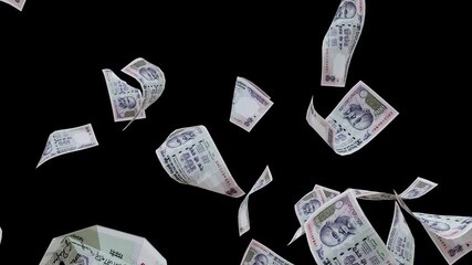 3d Indian 100 rupee bank note failing on green screen Background. Indian Rupee Currency Notes Falling on Black Background.