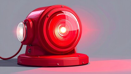 A red, circular light with a clear lens and a smaller side light, casting a beam against a gray backdrop
