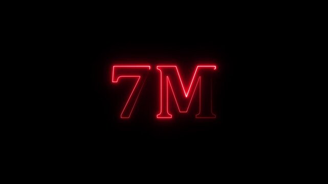 neon glowing red 7m one million text number animation, social media views counter -7m views 7M views text animation, 7m number 4k video animation 7M text animation on black background.