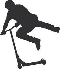 Dynamic silhouettes of scooter riders performing mid-air stunts and sharp turns. High-contrast vector graphics ideal for extreme sports branding, skatepark apparel, and urban lifestyle designs.