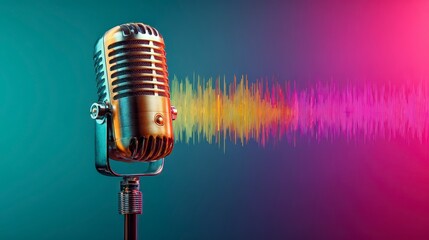 A close-up view of a vintage, chrome-plated microphone with soundwaves emerging from it, set against a colorful backdrop