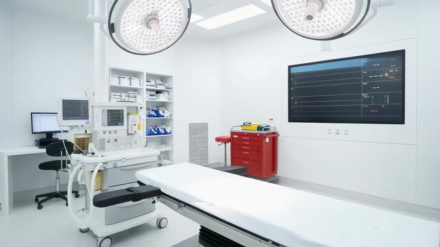 Empty modern hospital operating room with surgical table, anesthesia equipment, and ceiling lights, Doctor-supervised