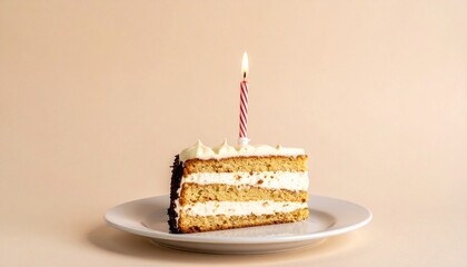 Layered cake slice with frosting, chocolate shavings, lit candle on white plate, beige background.
