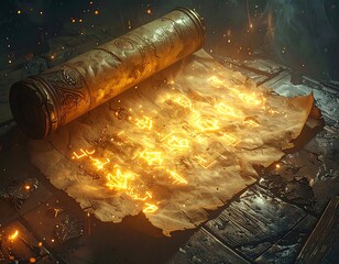 Illuminated ancient scroll unfurls on a weathered wooden surface