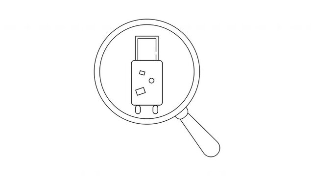A luggage under a magnifying glass black outline on a white background