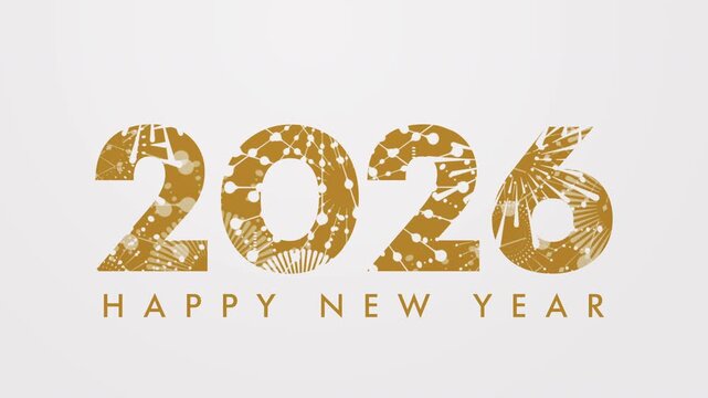 Minimal Luxury New Year celebration concept expressed through elegant golden numbers formed with fireworks light particles on a soft neutral background, suitable for New Year greetings.