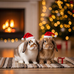 Festive Christmas Rabbits in Santa Hats Near Fireplace with Holiday Lights and Winter Decorations