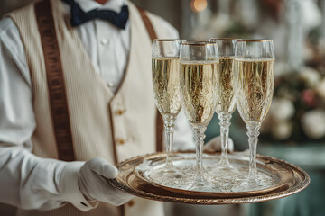 Waiter from catering service carrying champagne wine drinks on the event
