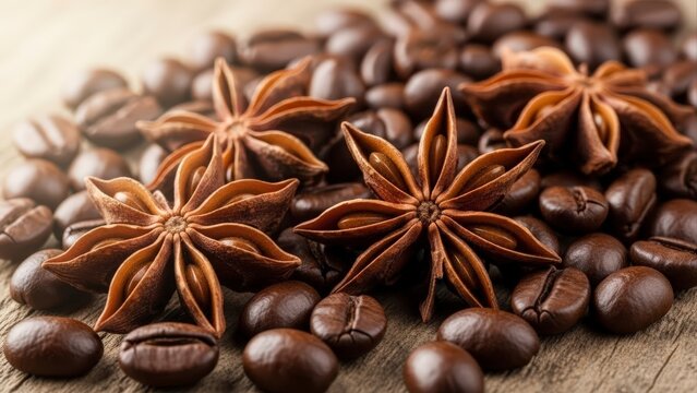 Close-up of Star Anise Pods Scattered on Roasted Coffee Beans. - Powered by Adobe