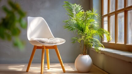 Office corner background plant chair window sunlight minimalist style