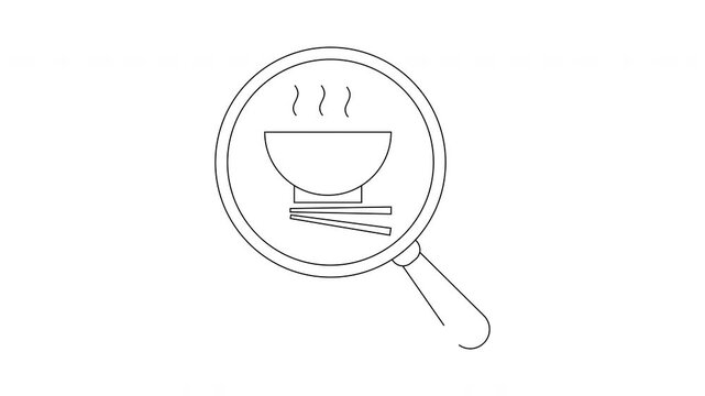 A line drawing of a bowl and chopsticks inside a magnifying glass