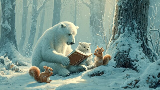 A cozy winter scene depicts a polar bear reading to its cub and two squirrels in a snow-covered forest, creating an intimate, magical moment