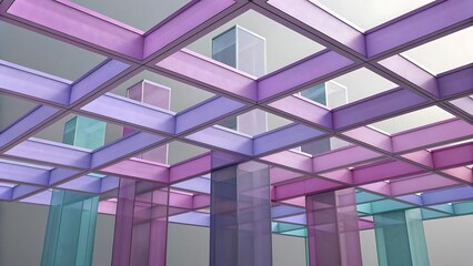 a vibrant geometric installation featuring intersecting beams and translucent columns with shades of purple pink and teal fills the space