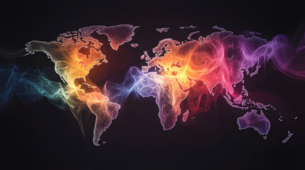 Vibrant global connections map with colorful network lines on black background