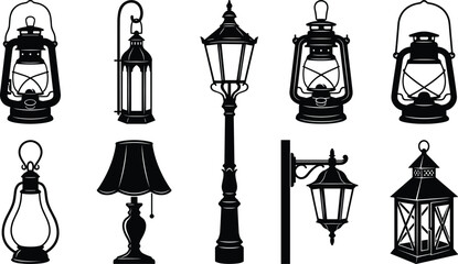 Lamp silhouettes, lantern designs, street lamps, table lamp, wall lanterns, traditional lighting, decorative fixtures, vector art, CAD drawing flat illustration © MdAnisur