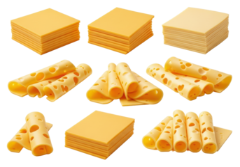 Golden cheddar and creamy Swiss cheese slices with characteristic holes, neatly arranged on a transparent background, copy space, appetizing food advertising concept