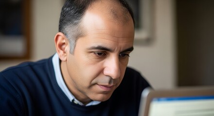 Middle-aged man working diligently on laptop at home office  