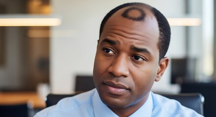 Obraz premium Man with receding hairline looking thoughtfully in office setting 