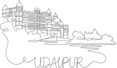 Obraz premium Udaipur City Palace skyline continuous line vector illustration