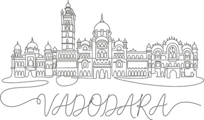Vadodara skyline and Laxmi Vilas Palace continuous line drawing vector