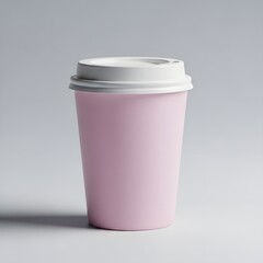 Pink disposable coffee cup with white lid on a light background