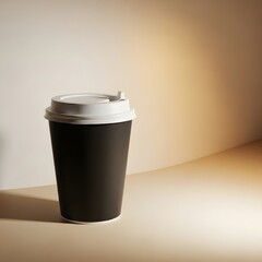 Black disposable coffee cup with white lid on a simple background