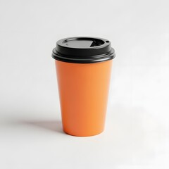 Bright orange takeaway coffee cup with black lid isolated on white background