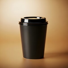 Black disposable coffee cup on a warm brown background