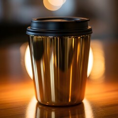 Metallic reusable coffee cup with black lid and warm bokeh background