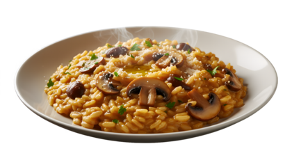 Creamy mushroom risotto with parmesan cheese and herbs served on a white plate