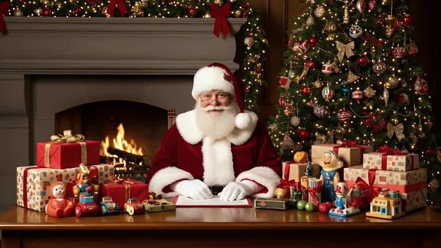 Festive Santa Claus Writing at Desk with Gifts by Fireplace and Christmas Tree Under Warm Lighting