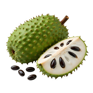Whole and sliced fresh soursop fruit with white flesh isolated on transparent background
