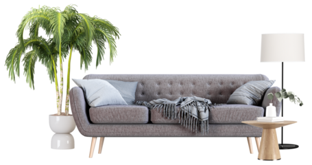 comfortable gray sofa scene complemented by a floor lamp, potted palm tree, and side table, making it ideal for use in blogs, ads, and social media