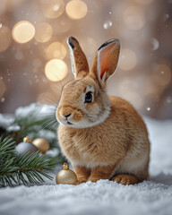 brown rabbit in winter wonderland with christmas decorations and snow