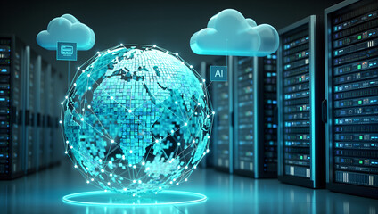 An illustrative depiction of global cloud computing, data centers, and artificial intelligence integration